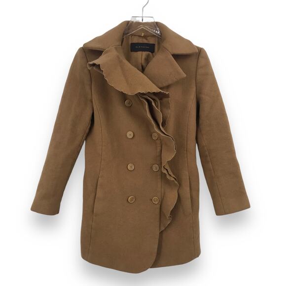Elie Tahari Bella Coat M Collared Ruffle Double Breasted 100% Wool Long Sleeve - Picture 1 of 14